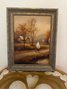 Petal Lane Halloween Ghost on Bicycle Framed Wall Hanging Picture